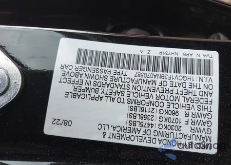 2022 Honda Accord Sport z USA, uszkodzony, nr VIN 1HGCV1F39NA070587